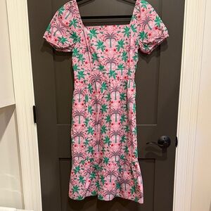 Boden Pink Palm-Print Puff-Sleeve Midi Dress